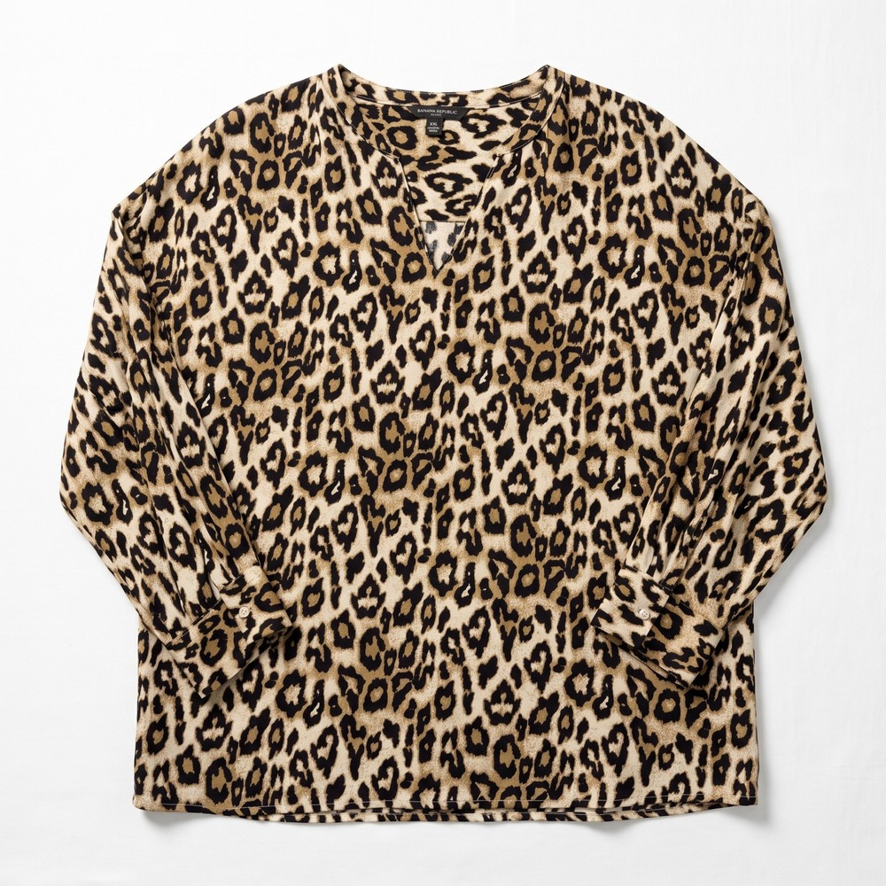 Banana Republic XL Tan Leopard Print Womens V-Neck Tunic Blouse Casual Vintage